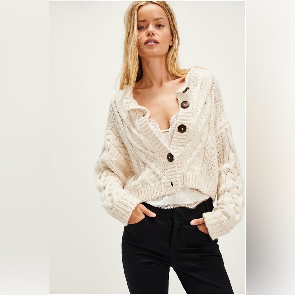 Free People Bonfire Cardigan Cream Cable Knit Button-Front Sweater XL